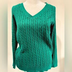 Talbots Cable knit sweater classic V neck green business office women’s LP